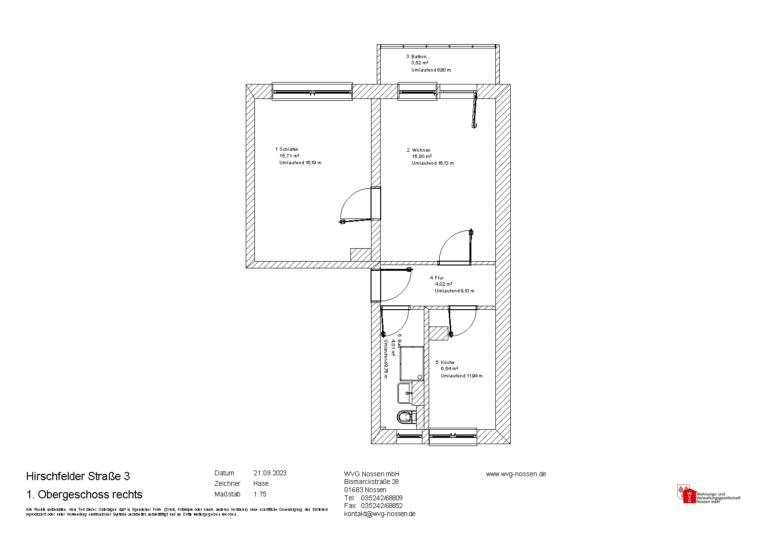 Grundriss Hirschfelder Strasse 3 1.OG rechts Wohnungs- und Verwaltungsgesellschaft Nossen mbH